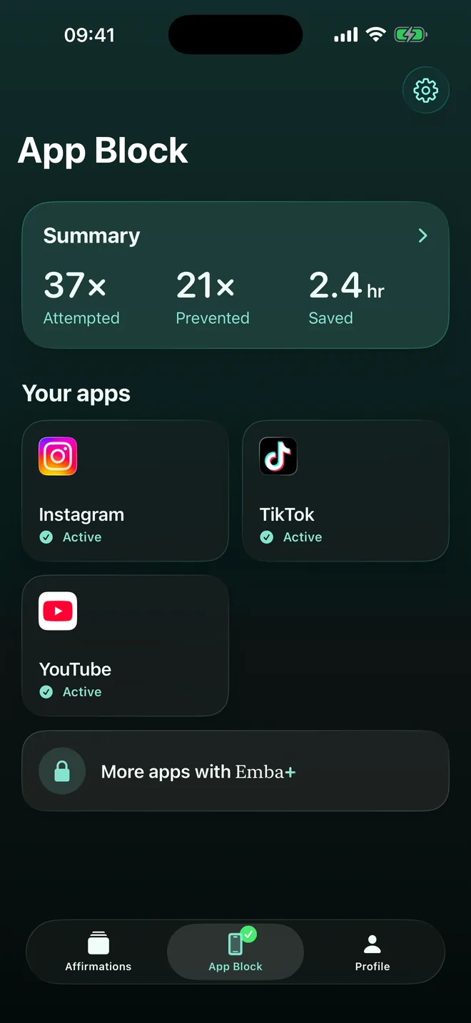 Emba's App Block screen with Instagram, TikTok and YouTube turned on